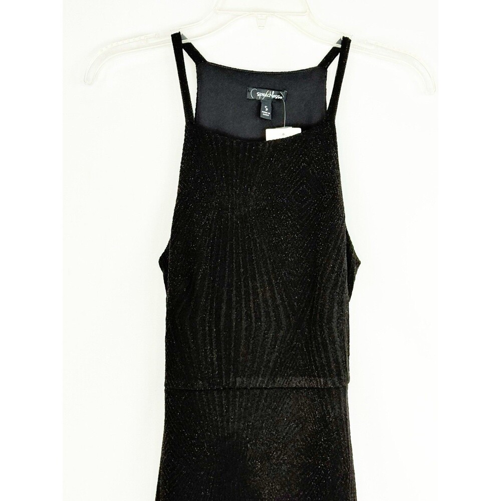 Speechless Black Bodycon Dress Small NWT Cutout Back Glitter Knit Sheer Hem - Picture 13 of 16